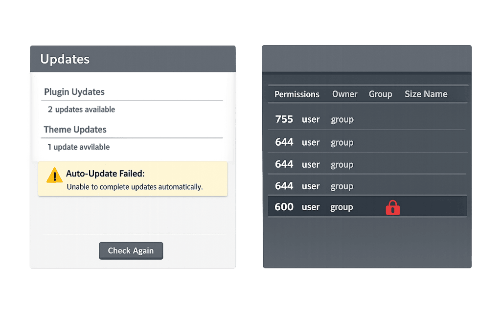 A software update panel shows plugin and theme updates available, with a yellow warning for Auto-Update Error. Next to it, a permissions table lists files, one row highlighted by a red lock icon.