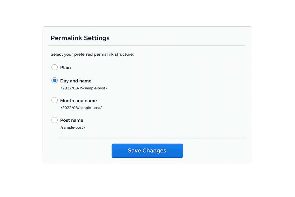 Permalink Settings menu with four options: Plain, Day and name (selected), Month and name, and Post name. A blue Save Changes button sits below the options—ideal for resolving issues like broken permalinks.