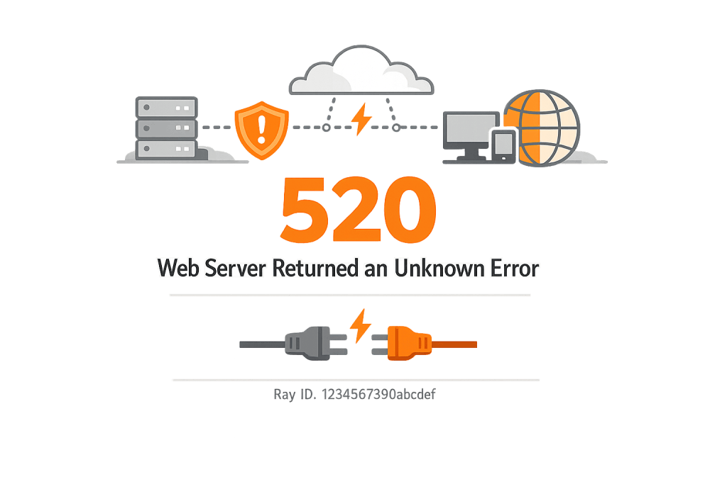Illustration of a Cloudflare 520 error message, featuring icons of a server, cloud, shield, computer, and unplugged cables. Text includes Ray ID: 1234567390abcdef.