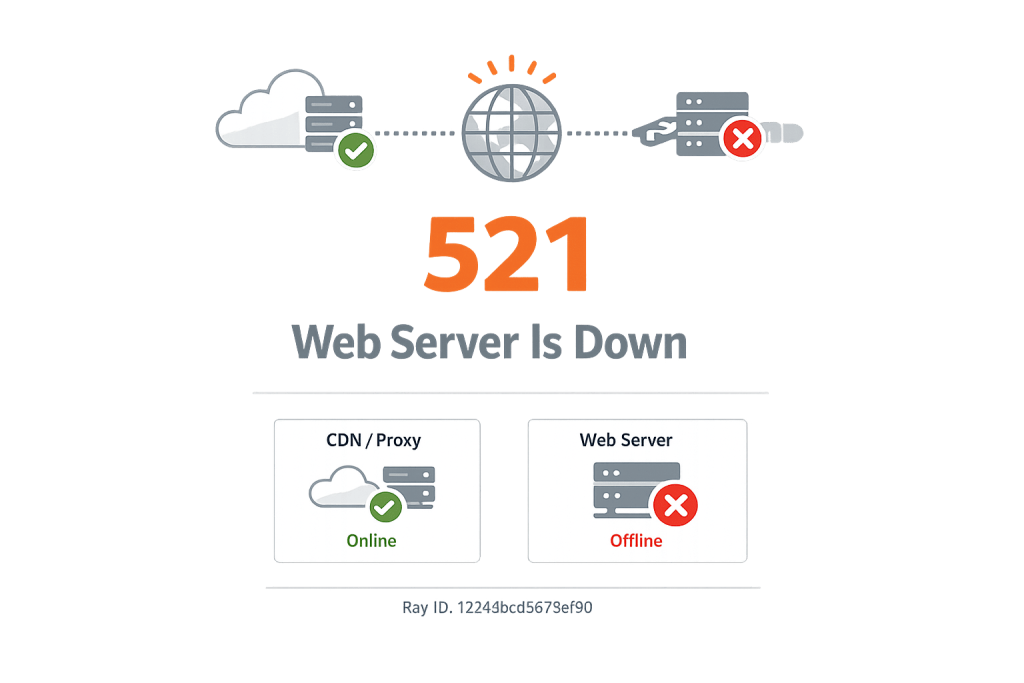 A graphic showing Cloudflare 521 error with the text Web Server Is Down. It indicates the CDN/Proxy is online (green check) but the web server is offline (red X). An internet globe icon and connection lines appear above.