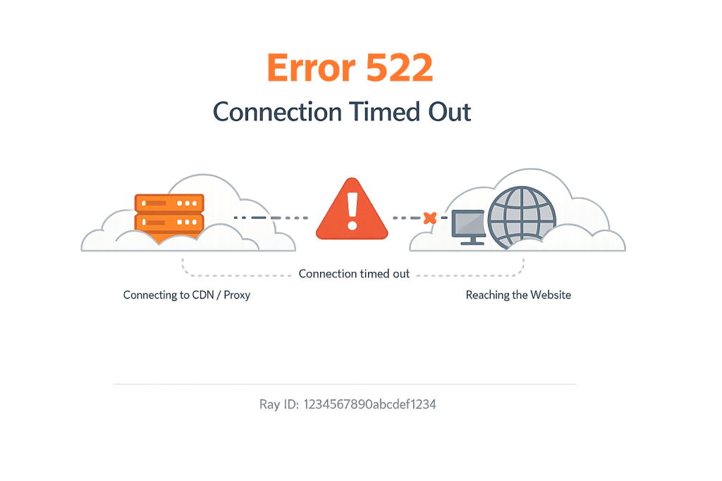 Error 522 graphic features a server and globe connected by a dashed line, interrupted by a warning symbol. Text reads Cloudflare 522 error: Connection Timed Out and Connecting to CDN/Proxy and Reaching the Website.