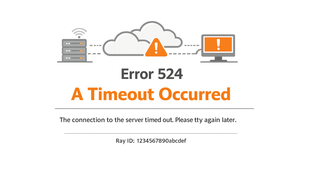 Illustration showing a Cloudflare 524 error: A Timeout Occurred, with icons of a server, cloud, and computer connected by dotted lines. The message states the connection to the server timed out.