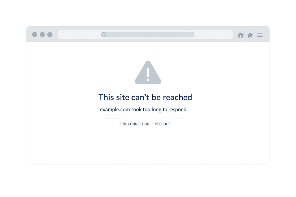 A web browser window displays a connection timed out error message: This site can't be reached. example.com took too long to respond. ERR_CONNECTION_TIMED_OUT appears beneath an alert icon.