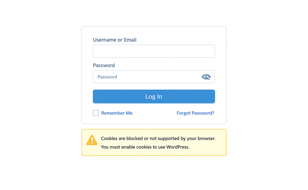 A login form asks for username or email and password, with options to remember the user and reset the password. Below, a warning says browser cookies are blocked and must be enabled to use WordPress.