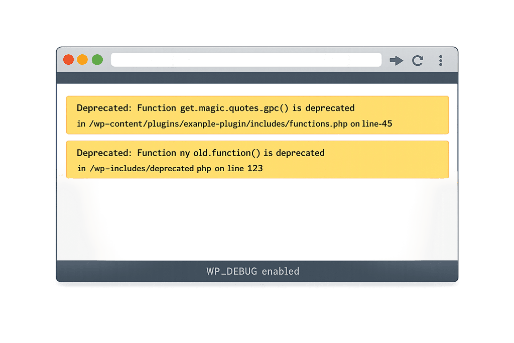 A browser window displays two yellow Deprecated Function Warnings with PHP function messages and file paths, plus WP_DEBUG enabled text at the bottom.