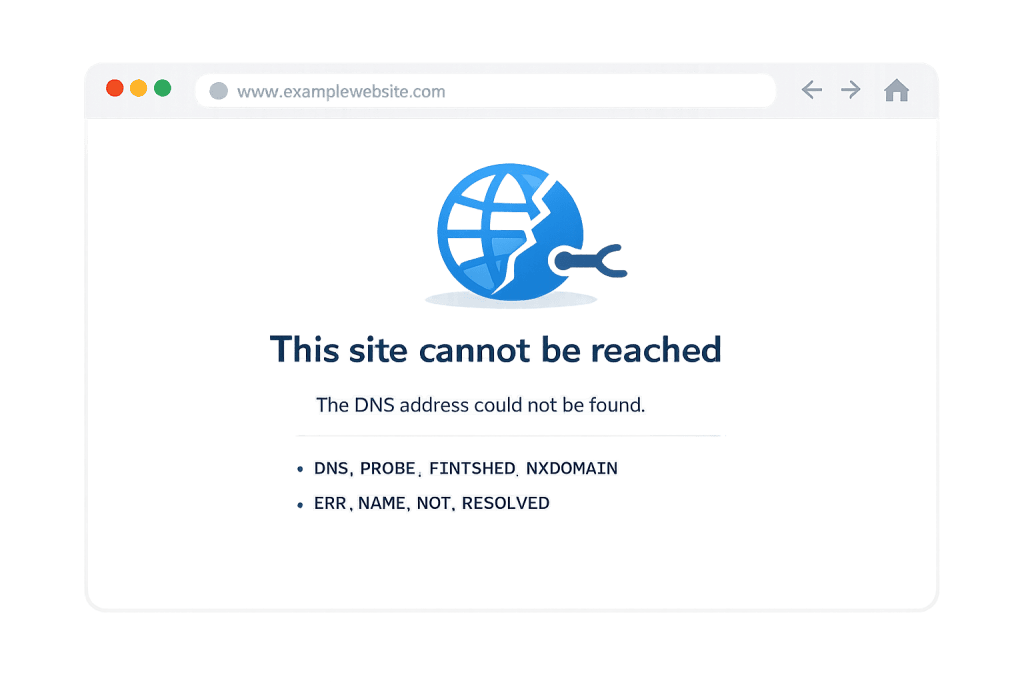 A web browser window displays an error: This site cannot be reached. The DNS_PROBE_FINISHED_NXDOMAIN code appears with a blue globe and wrench icon, indicating a DNS error and that the domain not found.