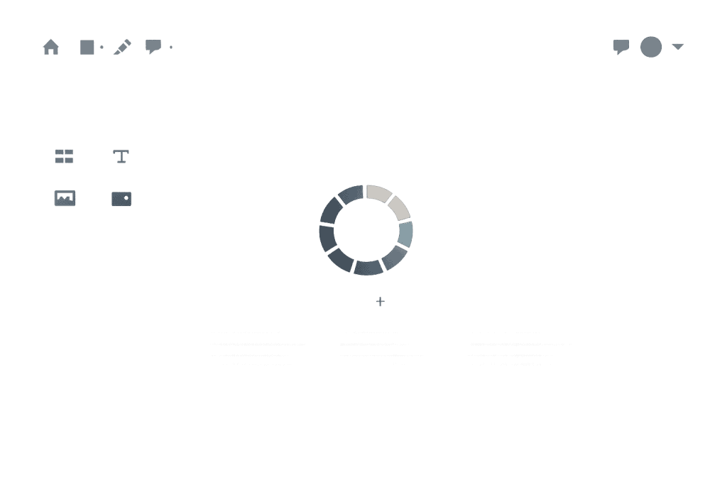 Minimalistic user interface with icons for home, tools, and chat at the top. A segmented loading wheel in the center hints at an Elementor Editor not loading, while sidebar icons offer layout, text, and image options on a light gray background.