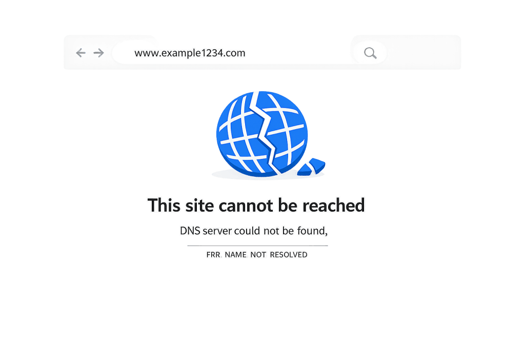 A web browser error page displays a broken blue globe icon and the message This site cannot be reached. DNS server could not be found, ERR_NAME_NOT_RESOLVED for www.example1234.com.
