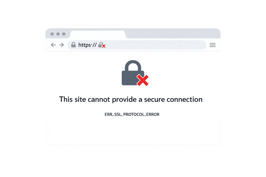 A browser window shows a grey padlock with a red X and the message: This site cannot provide a secure connection. The error code displayed is ERR_SSL_PROTOCOL_ERROR.