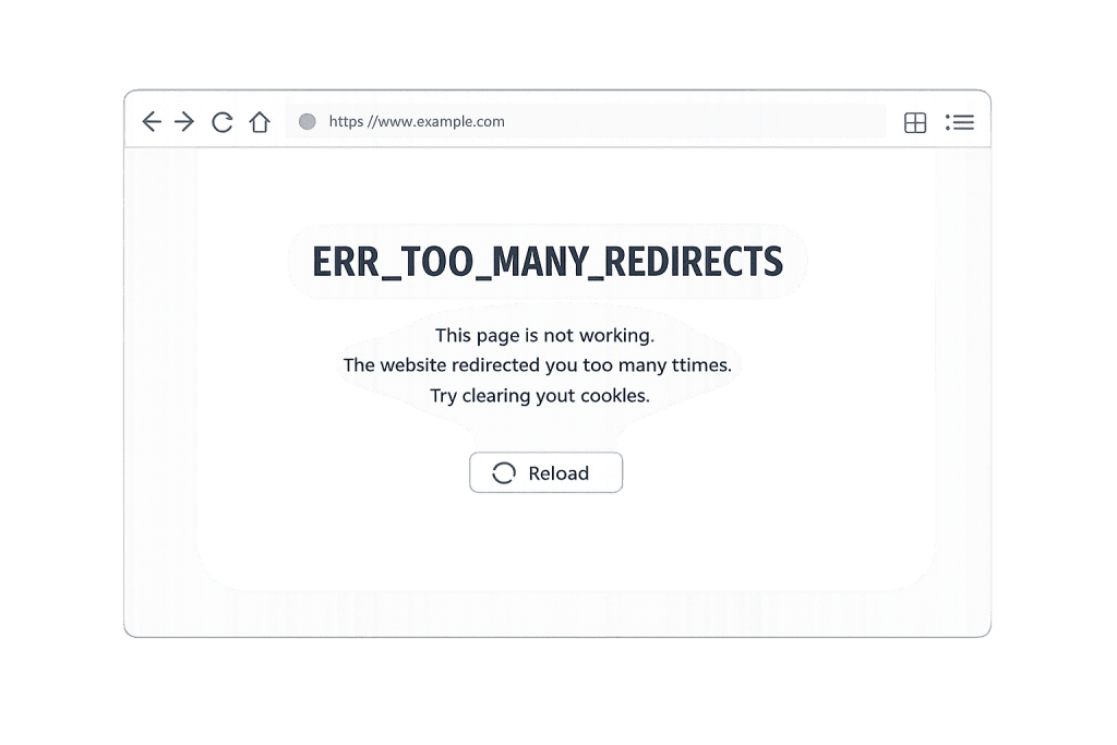 A browser window shows a website error: ERR_TOO_MANY_REDIRECTS. The page isn’t working due to a redirect error. Try clearing your cookies, then hit the Reload button below the message to fix the issue.
