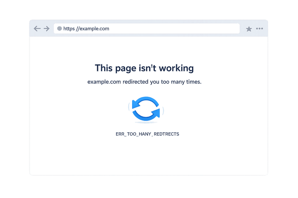 A web browser window displays an error message: This page isn’t working. example.com redirected you too many times due to an HTTPS redirect loop, often seen with WordPress sites, with a blue circular arrow icon below the message.