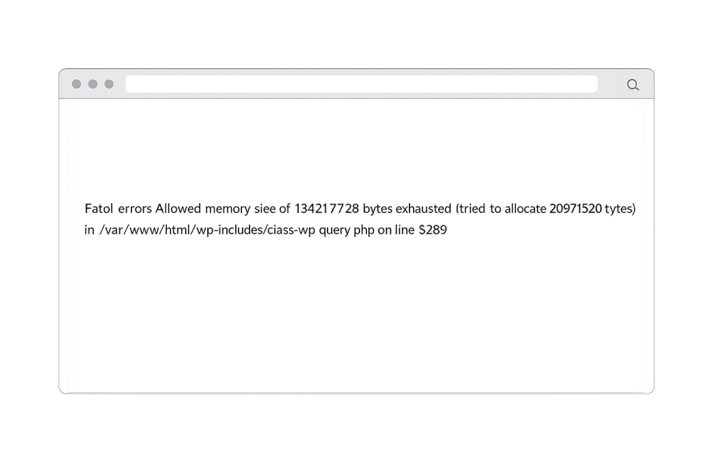 A web browser window displays a fatal error message about the allowed memory size exhausted in a WordPress file, including specific byte and file path details.