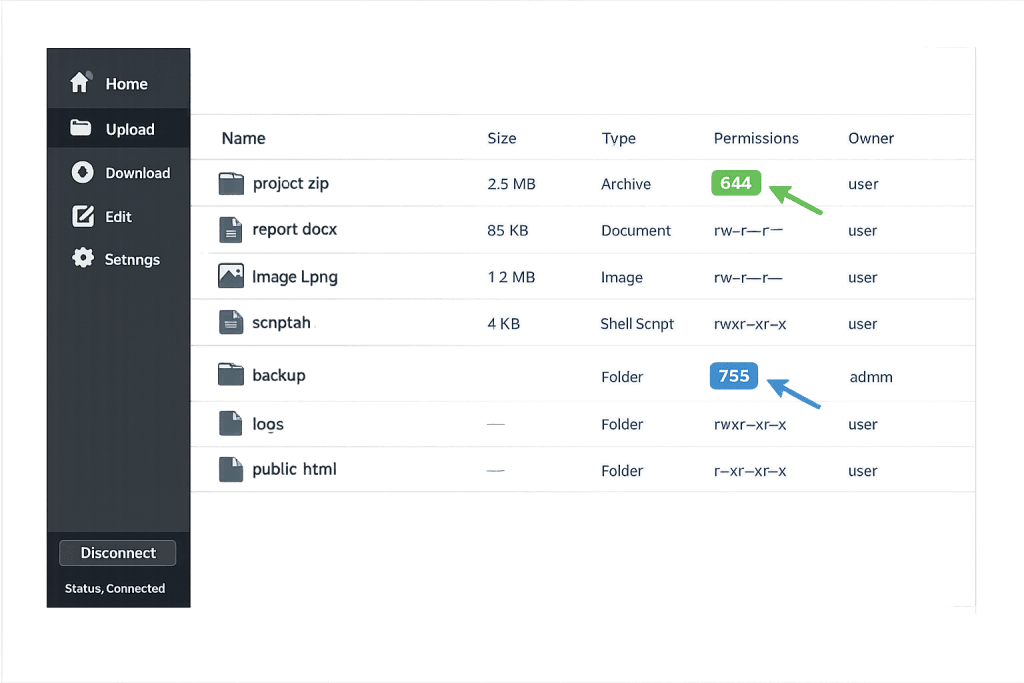A file manager interface displays files and folders with details. Green and blue arrows highlight file permissions 644 for project.zip and 755 for the backup folder, helping to prevent any file permissions error. A sidebar shows navigation options.