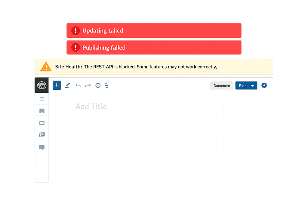 A WordPress editor screen displays two red error messages: Updating Failed and Publishing failed, with a yellow warning below stating, Site Health: The REST API is blocked. Some features may not work correctly.