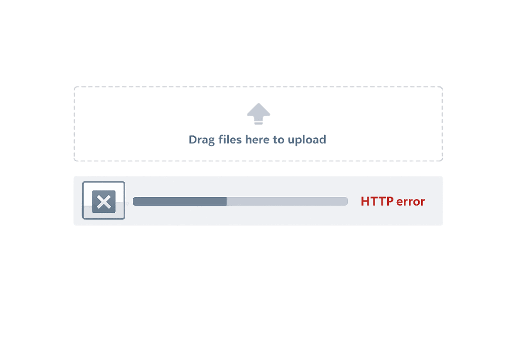 A file upload interface displays a progress bar with an HTTP Error message in red text, signaling an image upload error. An X button is available to cancel uploading images if the process fails.