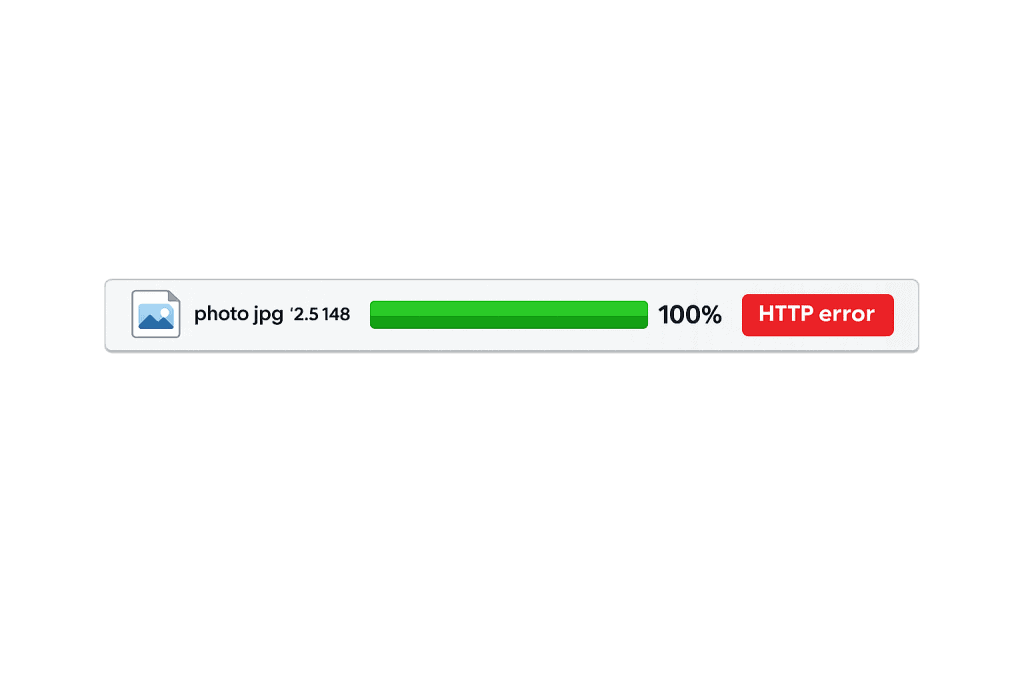 A file upload bar shows photo jpg 25.148 with a green progress bar at 100%, but a red HTTP error message appears on the right side in WordPress, indicating an upload failure, possibly due to an image resize issue.