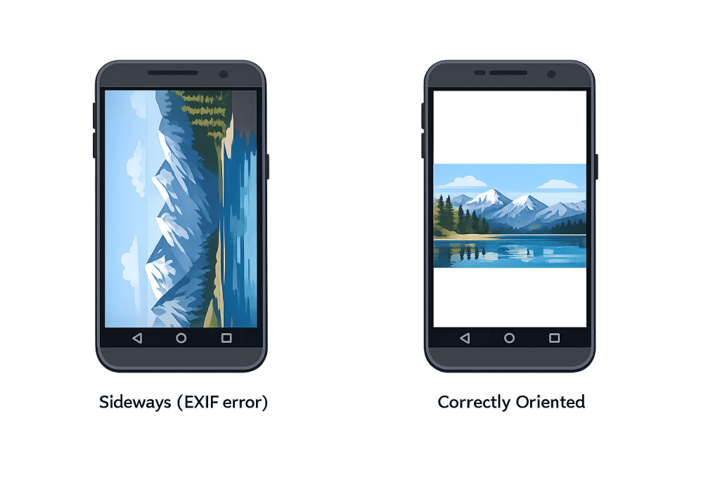 Two smartphones display the same mountain landscape photo; the left phone shows an incorrect image orientation with the label Sideways (EXIF error), while the right phone displays it upright with the label Correctly Oriented.