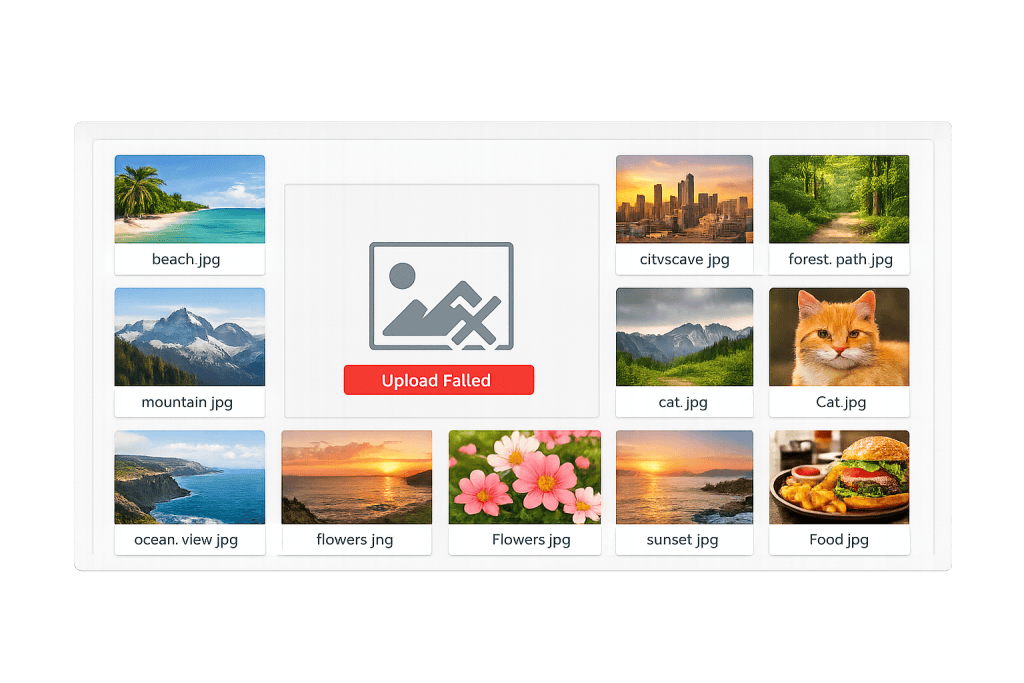 A file upload interface displays an Image Upload Failed error message. Around it are image thumbnails with filenames like beach, mountains, cityscape, forest path, cat, ocean view, flowers, sunset, and food.