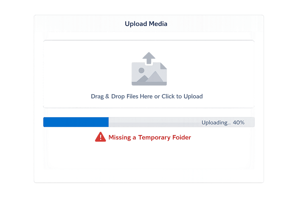 A file upload interface shows a progress bar at 40%, displaying a WordPress error below: Missing a Temporary Folder in red, with a triangular exclamation icon indicating the temporary folder issue.