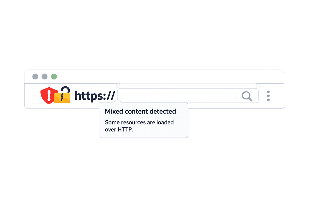 A web browser address bar displays a Mixed Content Warning icon and a tooltip stating, Mixed content detected. Some resources are loaded over HTTP, next to a partially obscured https:// URL.