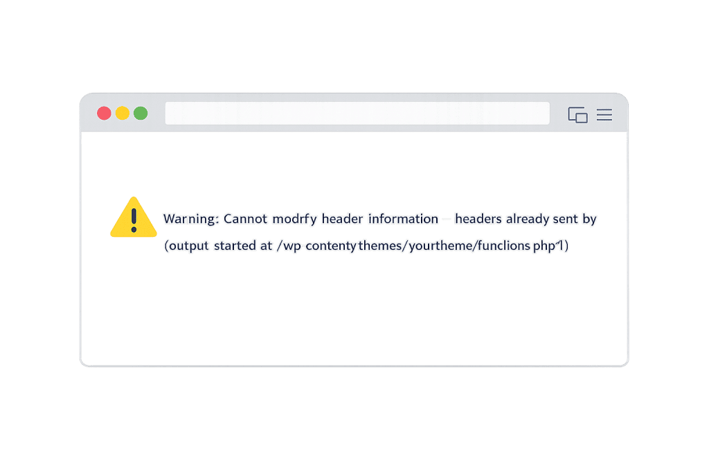 A web browser window displays a yellow warning icon and the message: Cannot Modify Header Information – headers already sent by (output started at /wp-content/themes/yourtheme/functions.php:1), referencing pluggable.php in WordPress.