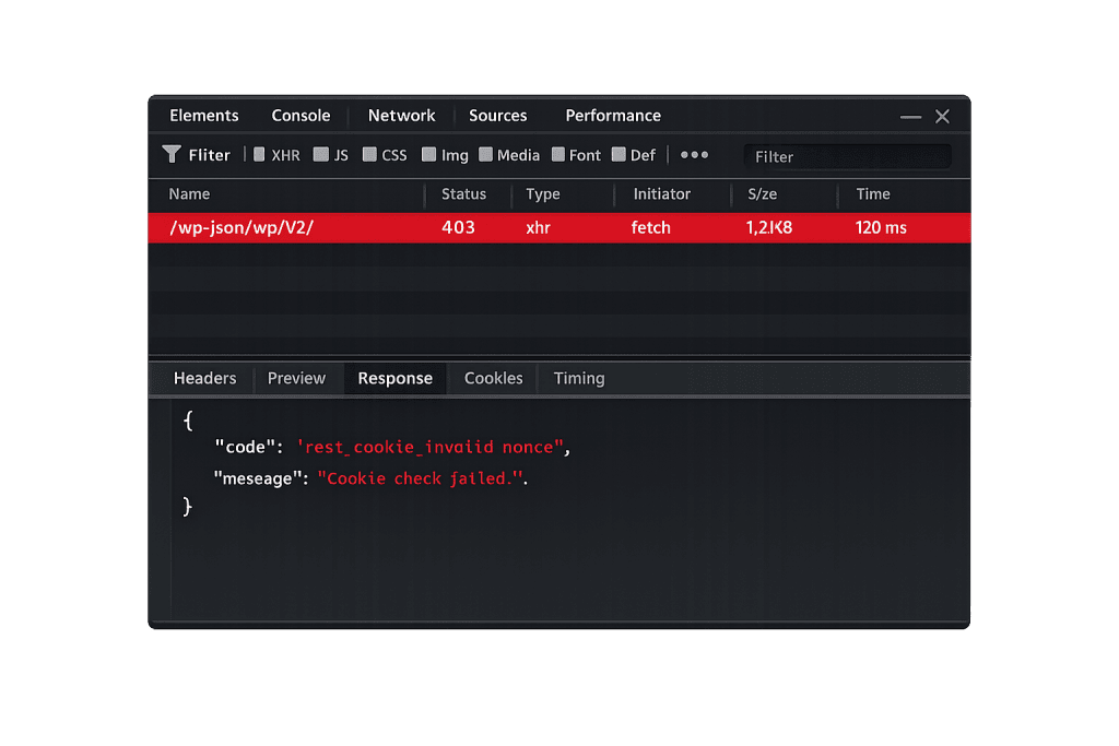 A browser developer tools Network tab shows a failed REST API fetch request to /wp-json/wp/v2/ with a 403 error. The response JSON reads: code: rest_cookie_invalid_nonce, message: Cookie check failed.