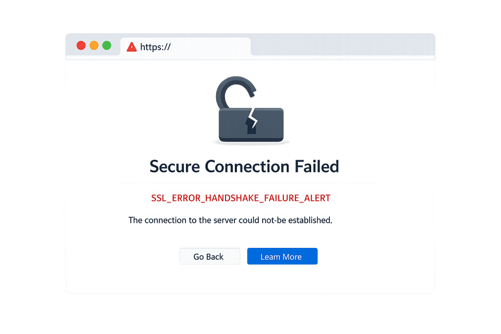 A browser window shows a Secure Connection Failed error with a broken padlock icon, the message SSL_ERROR_HANDSHAKE_FAILURE_ALERT, and options to Go Back or Learn More, highlighting a problem with the Secure Connection.