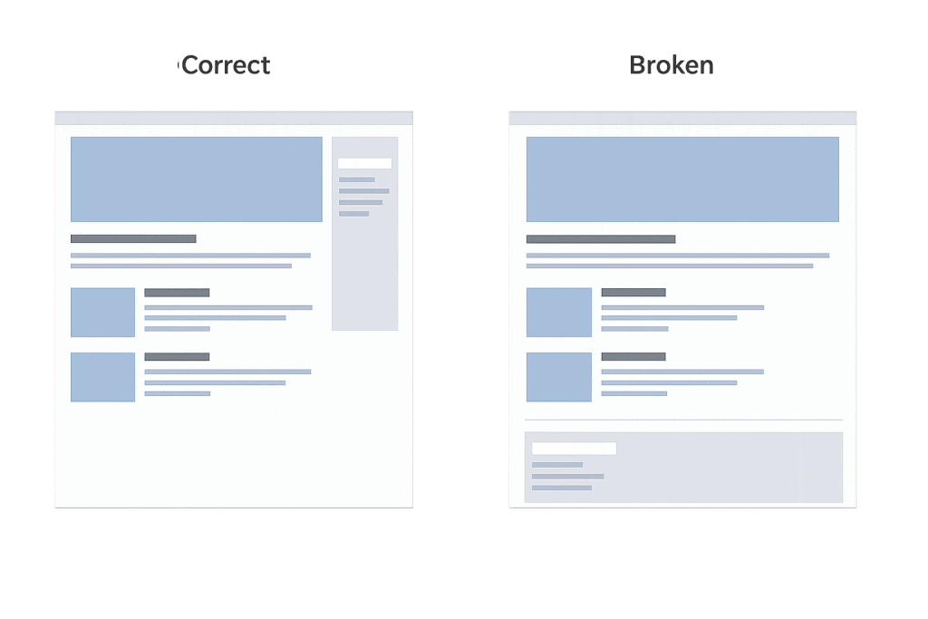 Side-by-side comparison of two webpage layouts labeled Correct and Broken, highlighting differences in alignment and placement of header, sidebar, and content blocks, with the Broken example showing the sidebar rendered below content.