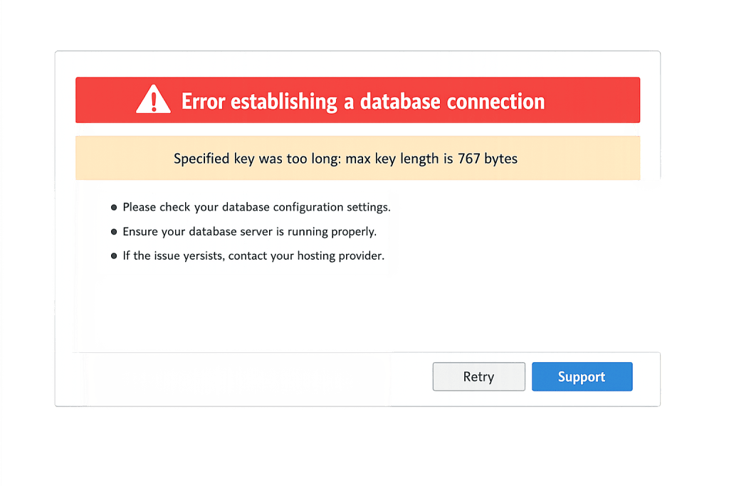 An error message states “Error establishing a database connection” with a note: “Specified key was too long: max key length is 767 bytes.” Instructions along with “Retry” and “Support” buttons appear below.