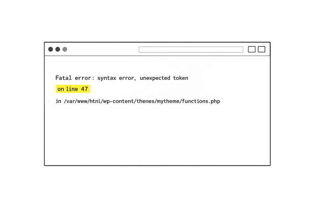 A browser window displays a fatal error message: Syntax Error on Line 47—unexpected token in /var/www/html/wp-content/themes/mytheme/functions.php, with Line 47 highlighted in yellow.