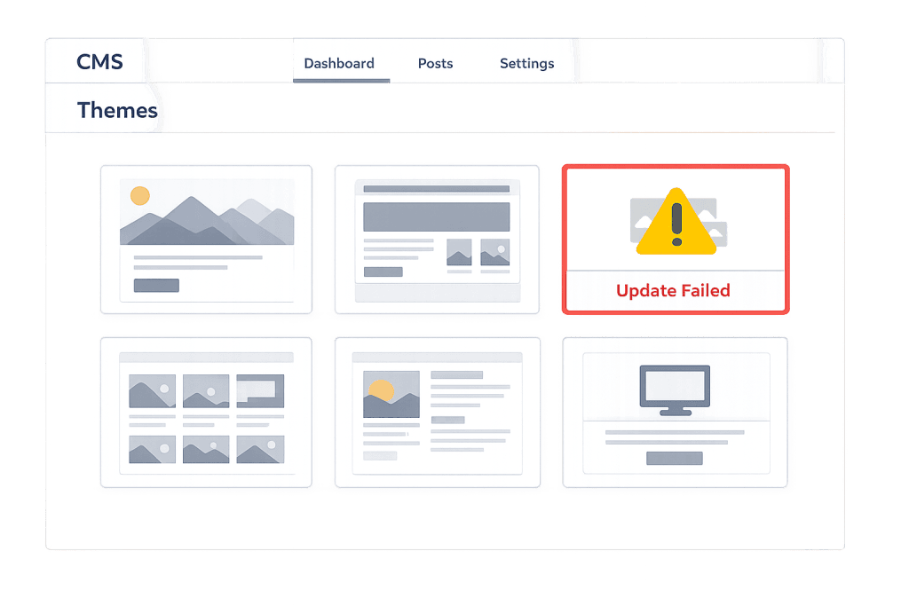 A CMS dashboard shows six theme previews; one displays a red border, a yellow warning icon, and the message theme update failure. The navigation bar includes tabs for Dashboard, Posts, and Settings.