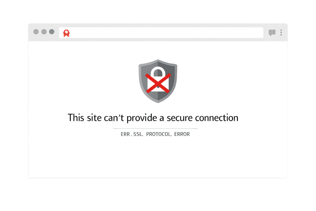 Browser window displays a security warning with a shield and red X. Message reads: This site can’t provide a secure connection due to an HTTPS error. ERR_SSL_PROTOCOL_ERROR appears, highlighting site security concerns.