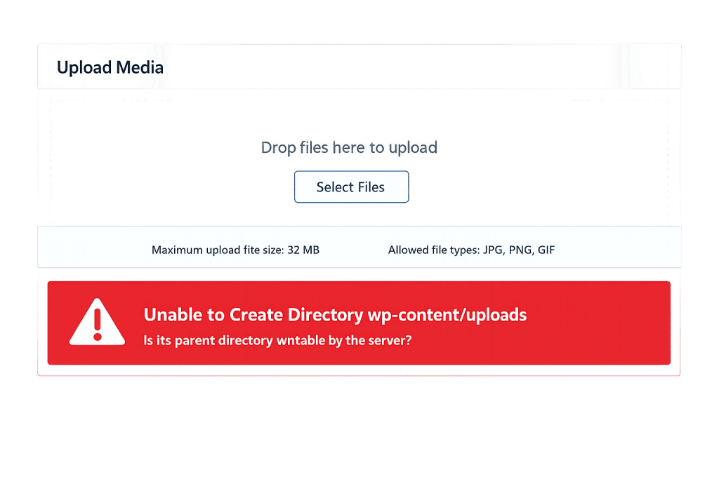 A website upload screen displays a directory creation error in a red box: Unable to create directory wp-content/uploads. Is its parent directory writable by the server? The upload area lists allowed file types and size limits.