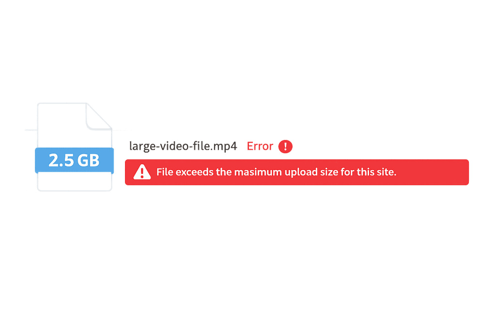 A file named large-video-file.mp4 with a size of 2.5 GB shows a file size error: File exceeds the maximum upload limit for this site, displayed in a red alert box.