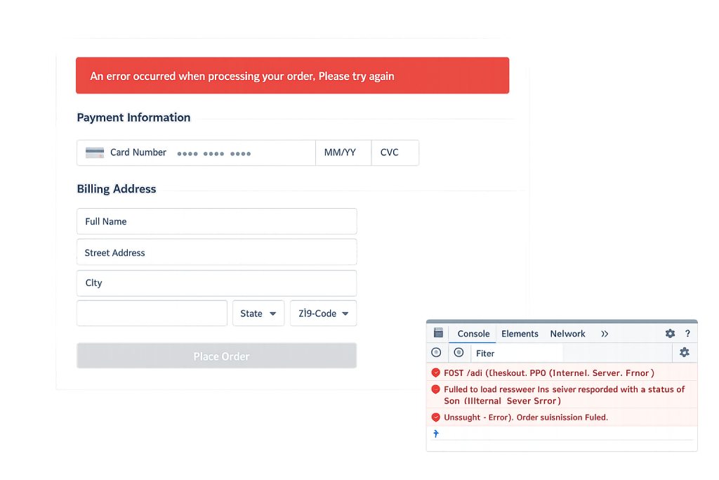 A WooCommerce checkout page shows a payment form with an error in red: An error occurred when processing your order. Please try again. Below, the browser console displays WooCommerce errors from the server.