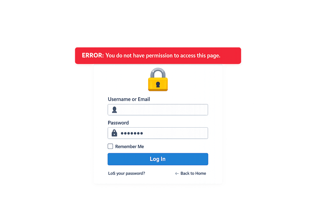 A login form with fields for username and password displays a red error message at the top: ERROR: You do not have permission to access this page, indicating a possible wp-admin login issue or being locked out of wp-admin.