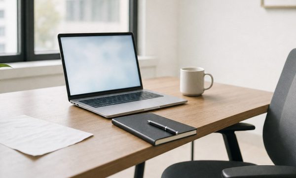 A modern office desk with a laptop, notebook, pen, coffee mug, potted plant, and paper creates a workspace designed for productivity and ai visibility. A gray chair and large window with natural light complete the tidy setting.