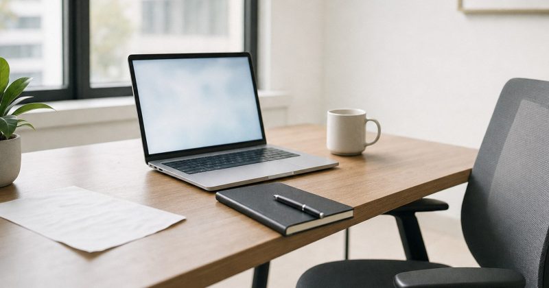 A modern office desk with a laptop, notebook, pen, coffee mug, potted plant, and paper creates a workspace designed for productivity and ai visibility. A gray chair and large window with natural light complete the tidy setting.