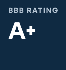 Dark blue image with the text BBB RATING in light gray at the top and a large white A+ centered below, highlighting recognition and awards for outstanding business standards.