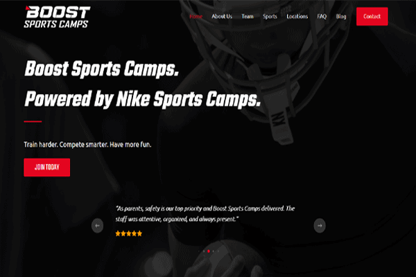 Screenshot of Boost Sports Camps website, featuring a football player in the background, bold text promoting Nike partnership, a red Join Today button, navigation bar, and a customer review with five stars. The site highlights its commitment to Youth Sports and offers top-tier Sport Camps for young athletes.