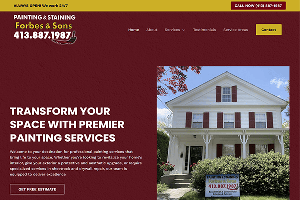 Screenshot of a painting service website showing a white house with columns, a Forbes & Sons business sign on the lawn, and a maroon section with company contact info and a welcome message about professional painting and staining services.
