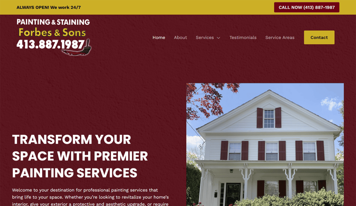 Screenshot of Forbes & Sons painting company website showcasing a maroon and white color scheme, with featured services such as painting and staining. The page highlights testimonials, images of beautifully painted homes, dramatic before and after photos, and clear contact information for potential clients.