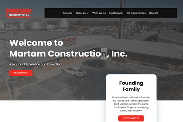 Screenshot of Martam Construction Inc. website showing welcome text, menu, and a brief about the founding family. The background features a building and parked cars, highlighting the professionalism of this renowned construction company.