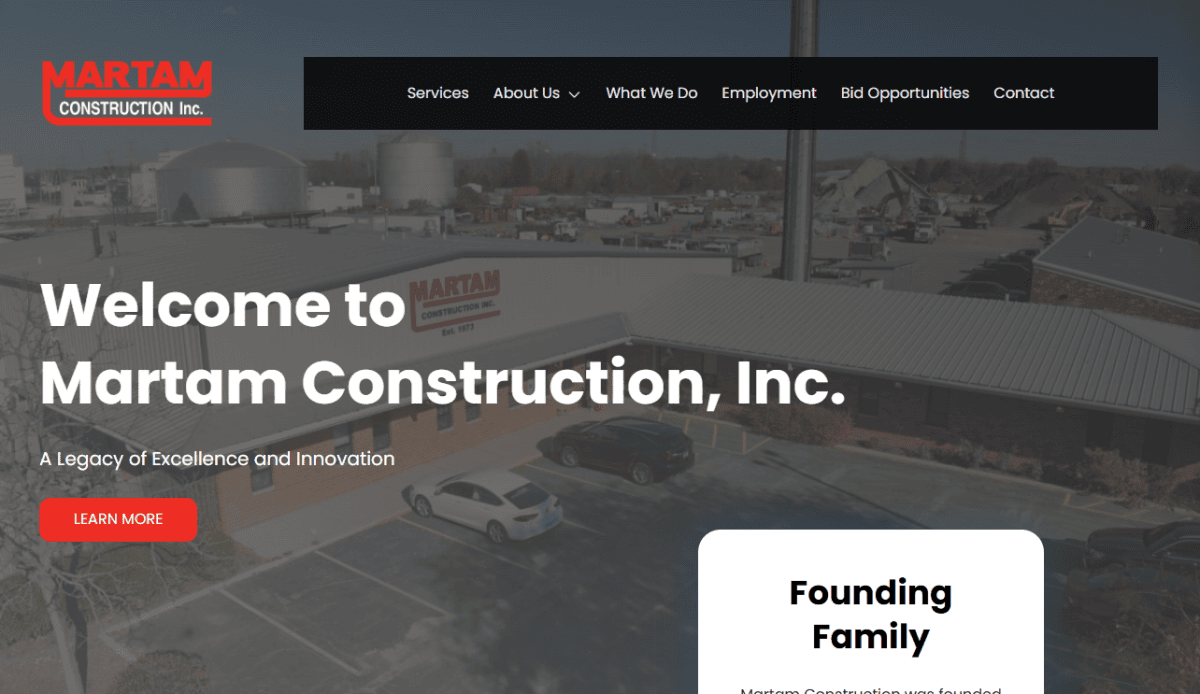 Screenshot of Martam Construction, Inc.’s website homepage featuring company information, core services, expertise, project photos, and contact details—all showcased in Martam Construction’s signature professional red, white, and black design.