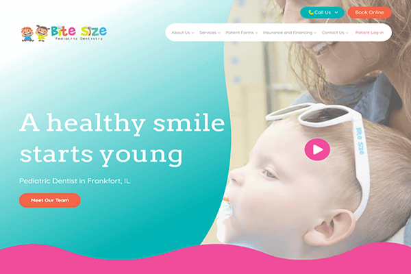 A young child wearing sunglasses smiles as an adult looks on. The screen has text: A healthy smile starts young and info for Bite Size Pediatric Dentistry, with buttons for contact and team.