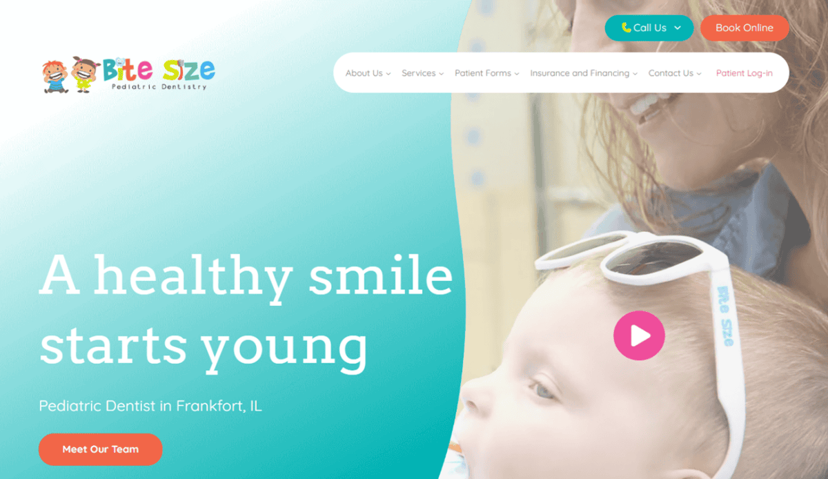 Colorful pediatric dentistry webpage with smiling dentist, kids illustrations, care options, office locations, parent testimonials, and dental association logos. The design is bright, friendly, and aimed at families with children.