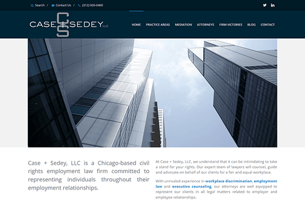 Screenshot of a law firm website showing the Case + Sedey, LLC logo, navigation menu, and a background image of tall skyscrapers viewed from below. Text describes the firms focus on employment law.
