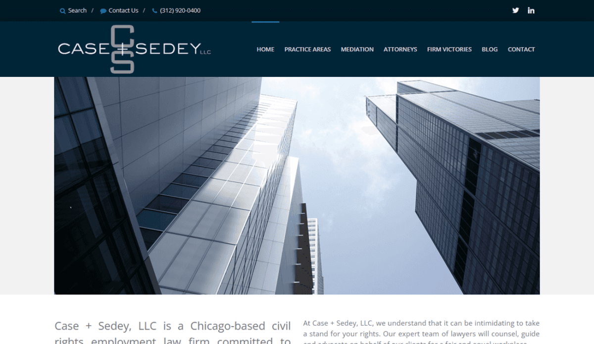 Homepage of a Chicago law firm featuring tall office buildings, firms logo, navigation menu, introductory text about employment law services, three service highlights with icons, newsletter signup, and contact information at the bottom.