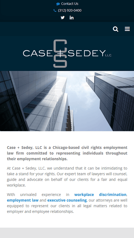 Screenshot of a law firms website homepage featuring a city building image, company logo, practice areas, attorney profiles, office photos, newsletter signup form, contact info, and links in a modern, minimalistic layout with blue and white colors.