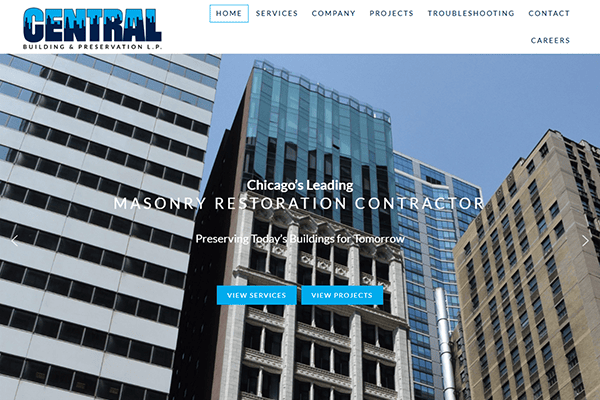 Website homepage shows tall city buildings with CENTRAL logo and menu. Text overlay reads Chicagos Leading Masonry Restoration Contractor with buttons for services and projects.